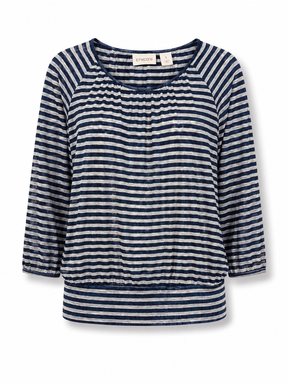 Chico’s Striped Blouson Top Navy Gray 3/4 Sleeve Casual Size 1 Coastal